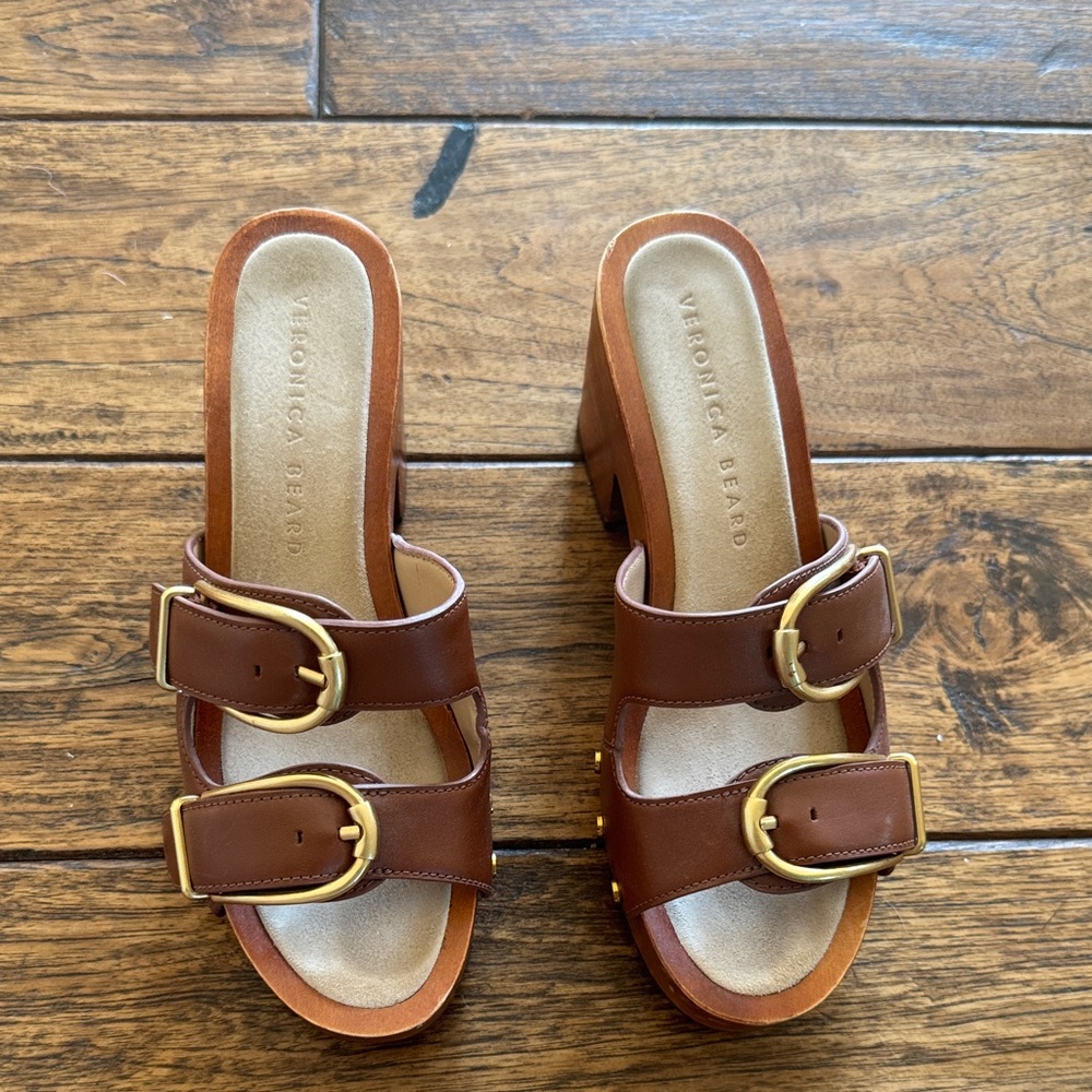Veronica Beard Brown Leather Mules with Gold Buckles
